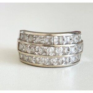 14K White Gold Three Row Clear CZ Wide Chunky Statement Band Ring Size 6.75
